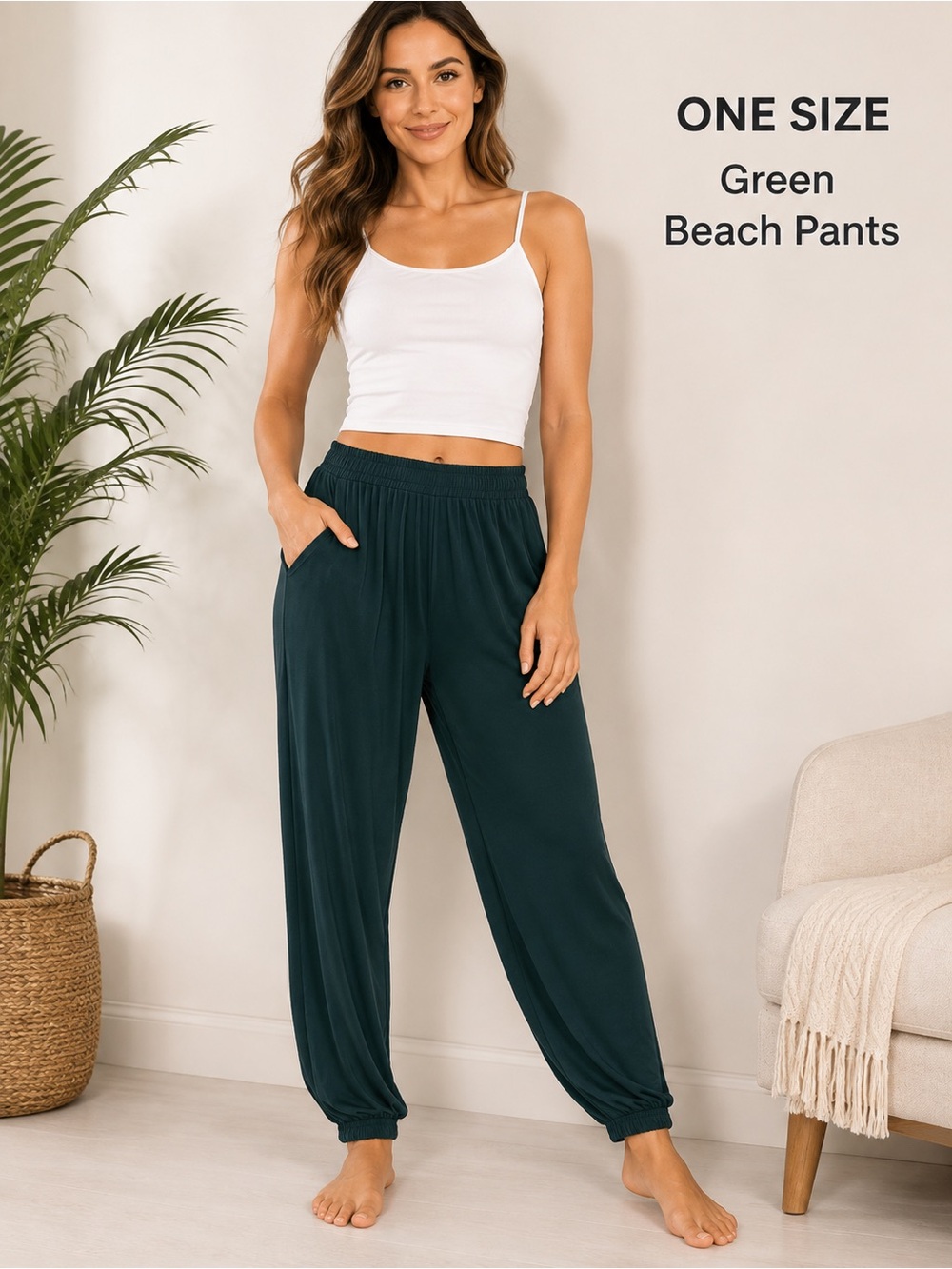 Women’s One Size Dark Green Beach Pants Lightweight Pull-On Lounge & Vacation